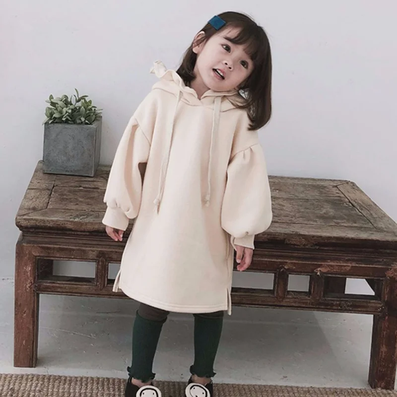 Kids Girls Hoodies Sweater Dress Toddler Baby Fleece Thick Warm Pullover Lantern Sleeve Tops Clothes Sweatshirt