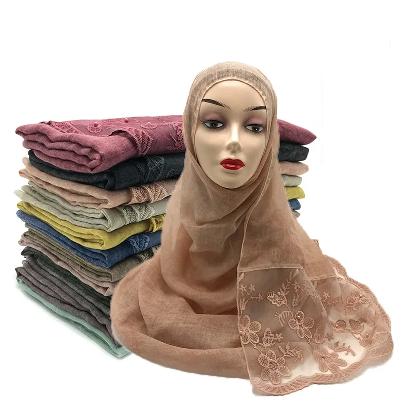 

Fashion Lace Embroidery Headscarf Scarf Malaysia Muslim Women's Hijab Headwrap Solid Viscose Cotton Female Modesty Long Shawl