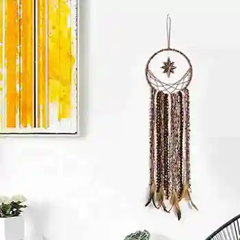 

NEW-Dream Catchers with Unique Antique Brass 8 Point Star Brown Feathers and Lace Wall Hanging Ornament for Home Decor