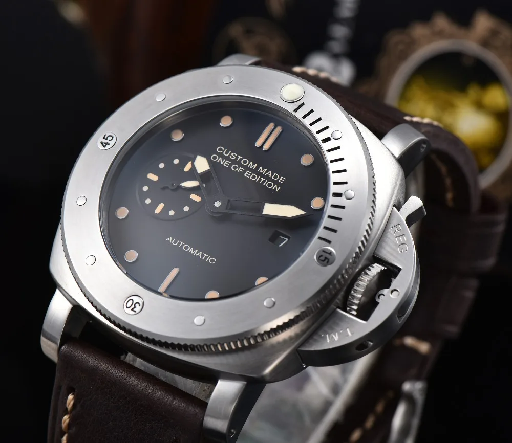 

automatic watch PVD pam case automatic watch black dial military leather strap power reserve a1ab