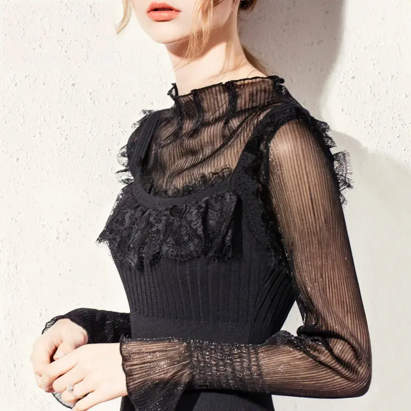 Black TShirt Women RICININA, женская футболка с оборками размера плюс, сетчатая блестящая однотонная Кружевная футболка, женская элегантная футболка с длинным рукавом, Женский пуловер - Цвет: Black TShirt Women