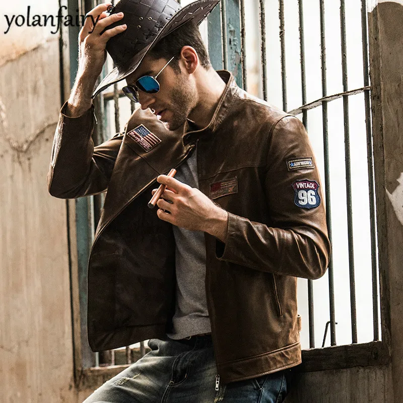 Genuine Leather Jacket Men Spring Autumn Vintage Motorcycle Plus Size Chaqueta Cuero Hombre FM2015-60 YY770 | Мужская одежда