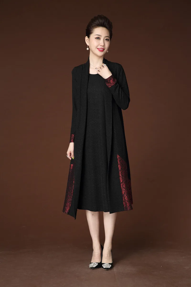 Китайский стиль модное женское элегантное платье комплект среднего возраста осенние вечерние платье контрастных цветов Длинные платья плюс размер L-XXXXL