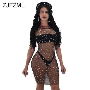 

Mesh Bubble Beads See Through Three Piece Matching Set Black Wrapped Chest + Bosycon Briefs + Round Neck Short Sleeve Mini Dress