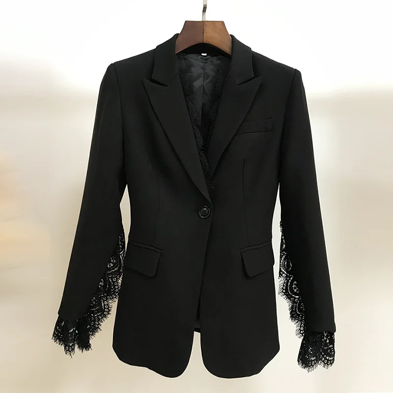 Новая мода классический дизайнерский черный белый кружевной пиджак на одной пуговице Женский блейзер