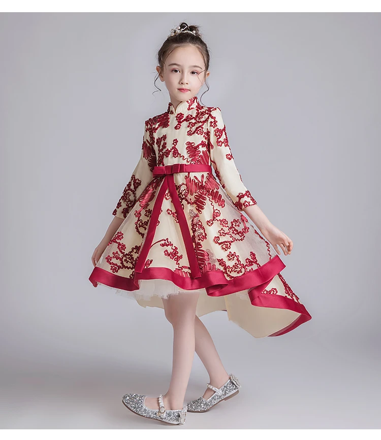 Осенняя одежда со шлейфом для выступлений платье принцессы для девочек детское платье Чонсам детское платье с рукавами