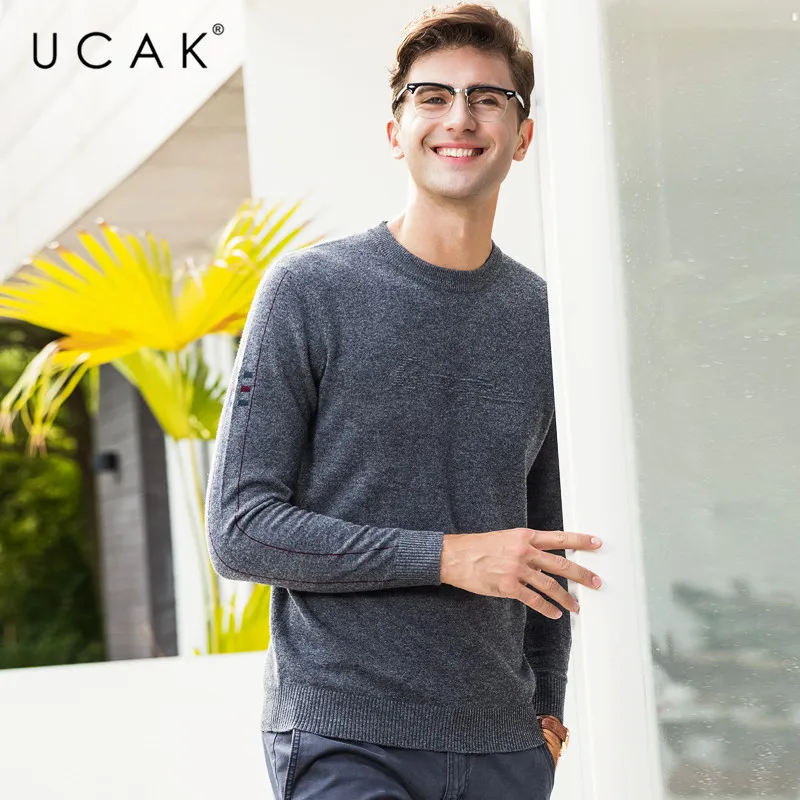 Discount UCAK Brand 100% Merino Wool Sweater Men Fashion Casual O-Neck Pullover Men Pull Homme Autumn Winter Warm Cashmere Sweaters U3070