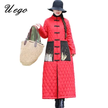 

Uego Padding Cotton Thicken Warn Winter Coats Embroidery Vintage Women Coat Plus Size Single Breasted Casual Long Winter Coat
