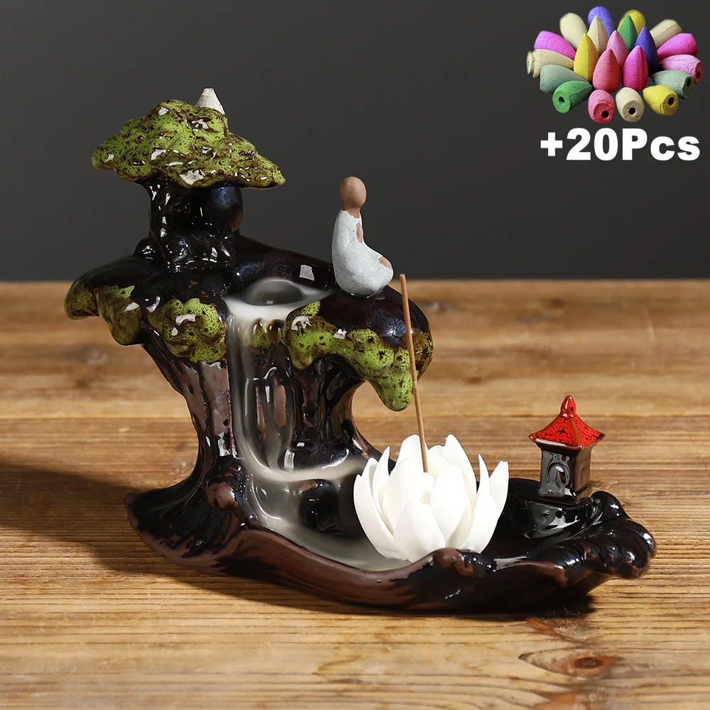 FJ01 and 20Incense Zen Rockery Пейзаж украшения дома белый фарфор лотоса ладан палочка конусная кадильница керамический водопад обратного потока ладан горелка - Цвет: FJ01 and 20Incense