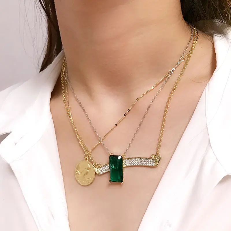 Flatfoosie многослойная золотая Серебряная цветная Сумочка для монет ожерелье женский геометрический кулон с зелеными кристаллами ожерелье эффектные аксессуары