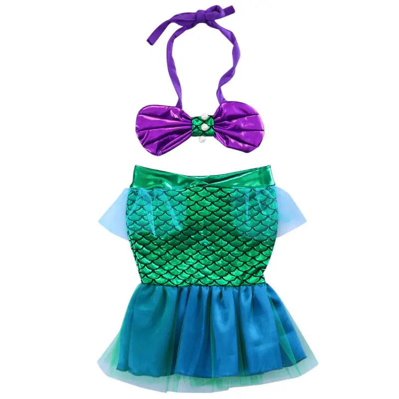 Летний комплект из 2 предметов для маленьких принцесс, бикини с блестками и русалочкой, купальный костюм, комплект бикини