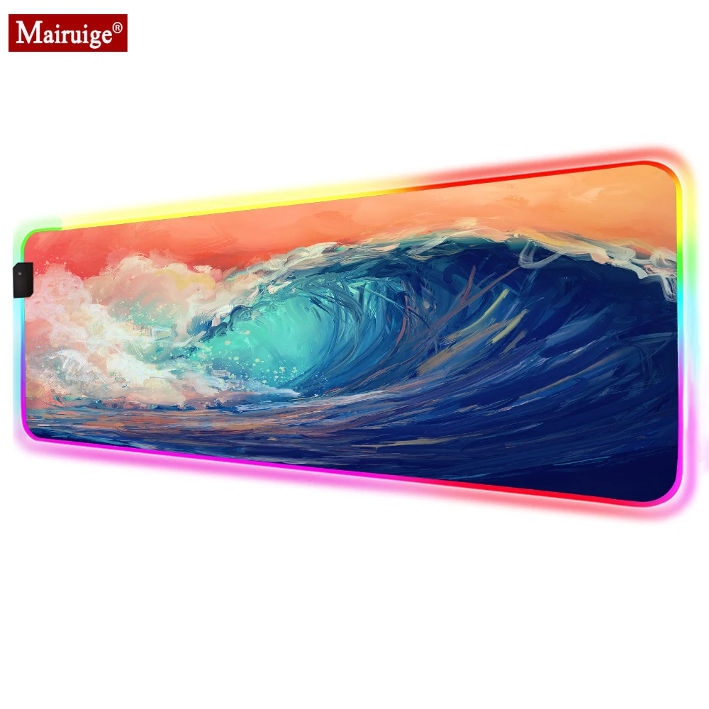 

Colorful Ocean Wave Painting Large Led Mousepad RGB Glow Geme Mouse Pad 90x40cm Gamer Pc Compute Desk Mat for Laptop Table Pads
