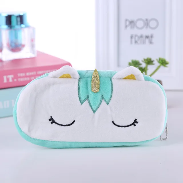 FUDEAM Soft Plush Cartoon Women Long Coin Purse Cute Zipper Girl School Stationery Pencil Case Usb Cable Storage Bag Key Wallet Unicorn Green