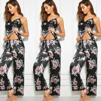

2020 Fashion Women Satin 2Pcs Pyjamas Sets Summer V-neck Silk Sleepwear Homewear