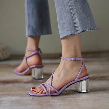 

Summer 2020 new crystal and fairy style Roman sandals word buckle sandals female open toe middle heel sandals Z903