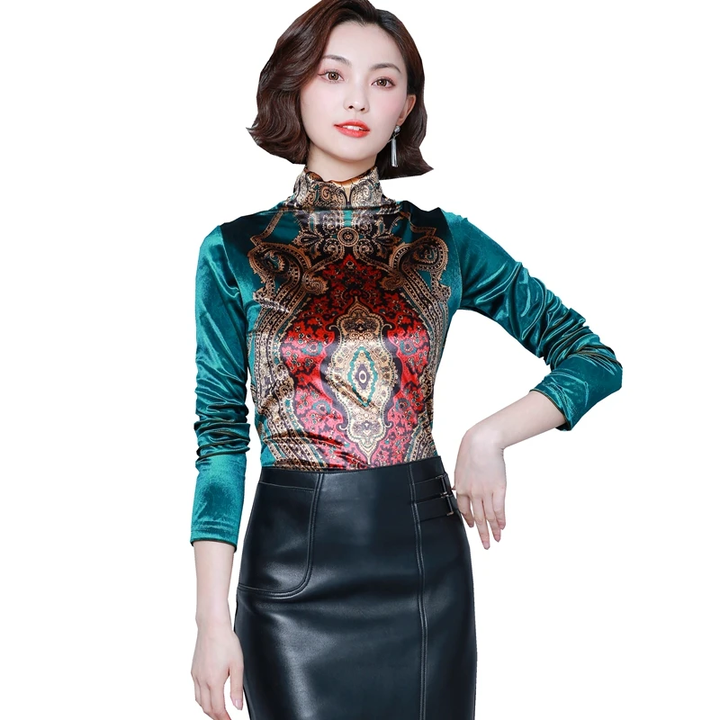

Fashion Autumn winter Women Contrast color printing turtleneck Tops Long Sleeve velvet casual Bottom T Shirt