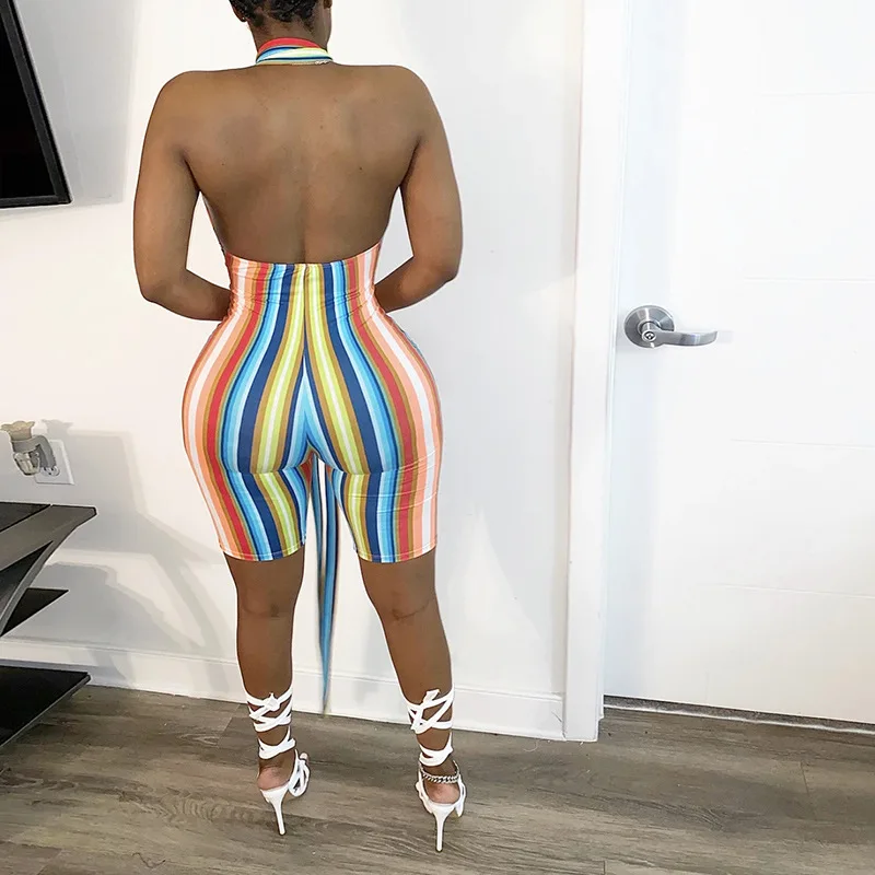 NCLAGEN High Waist Rainbow Colorful Striped Backless Playsuit Women Bandage Halter V Neck Skinny Rompers Party Club Bodycon |