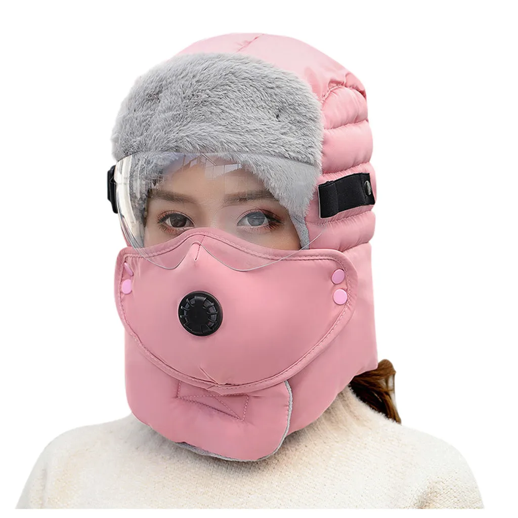 Pink Шапки Весна Зима Новые унисекс многофункциональные зимние Лоскутные теплые утолщенные рот-Муфельная шляпа очки ветрозащитные шляпы# N27 - Цвет: Pink