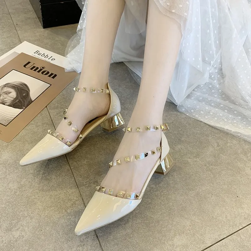 

New female Pumps Summer Fashion Sexy Rivets Pointed Toe Wedding Party High Heeled Shoes Woman Sandals Zapatos Mujer J14-21