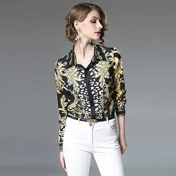 

Gold Print Women Blouse Fashion Slim Long Sleeve Shirt Top Female Elegant Work Wear Blouses Spring Summer Women's Clothes