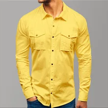 Повседневная желтая Мужская рубашка с длинным рукавом, винтажная Мужская рубашка с карманами на пуговицах, осенняя мужская приталенная рубашка, роскошная хлопковая одежда