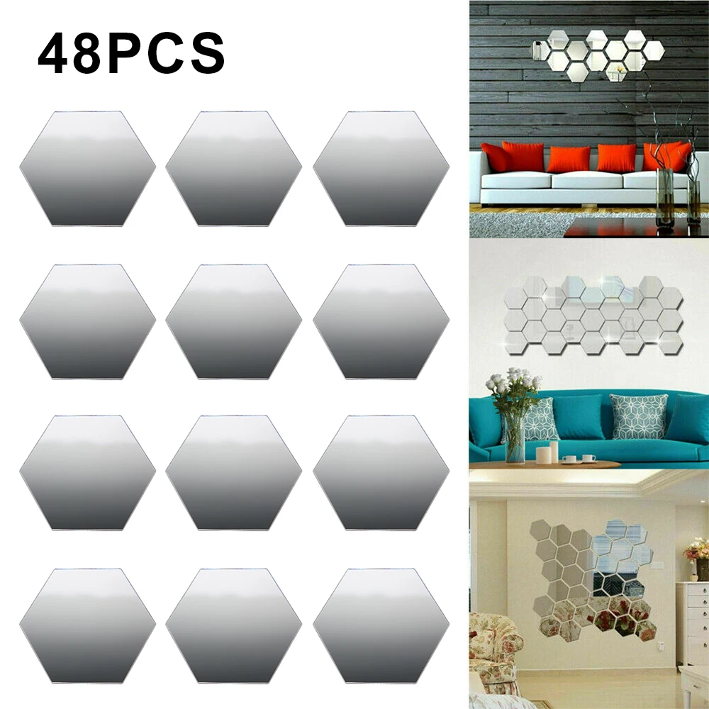 

48 PCS Acrylic Mirror Wall Stickers Self Adhesive Removable Hexagonal Decorative Mirror Sheet For Home Living Room Bedroom Decor