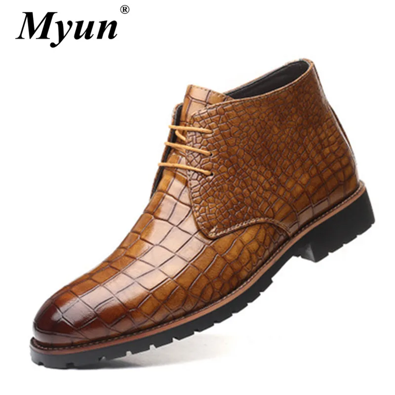 

Autumn Winter Fashion Crocodile Pattern Men's Ankle Boots Casual High-top Lace-Up British Male Leather Business Dress Booties