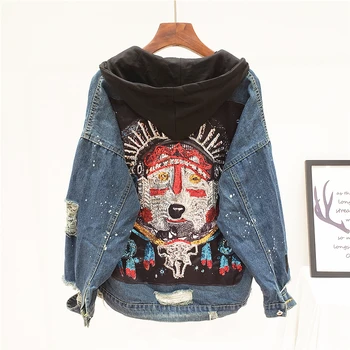

2020 Spring New Heavy Duty Sequins Broken Holes Retro Burlap Jeans Coat Women Street Wear Hooded Loose Denim Jacket Student Coat