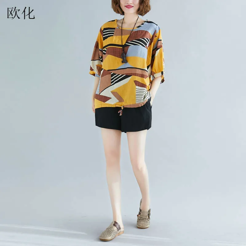 2020 Summer Fashion Short Sleeve Women T Shirt Plus Size 4XL 5XL 6XL Loose Print Tee Female Vintage Cotton Linen T-Shirts | Женская