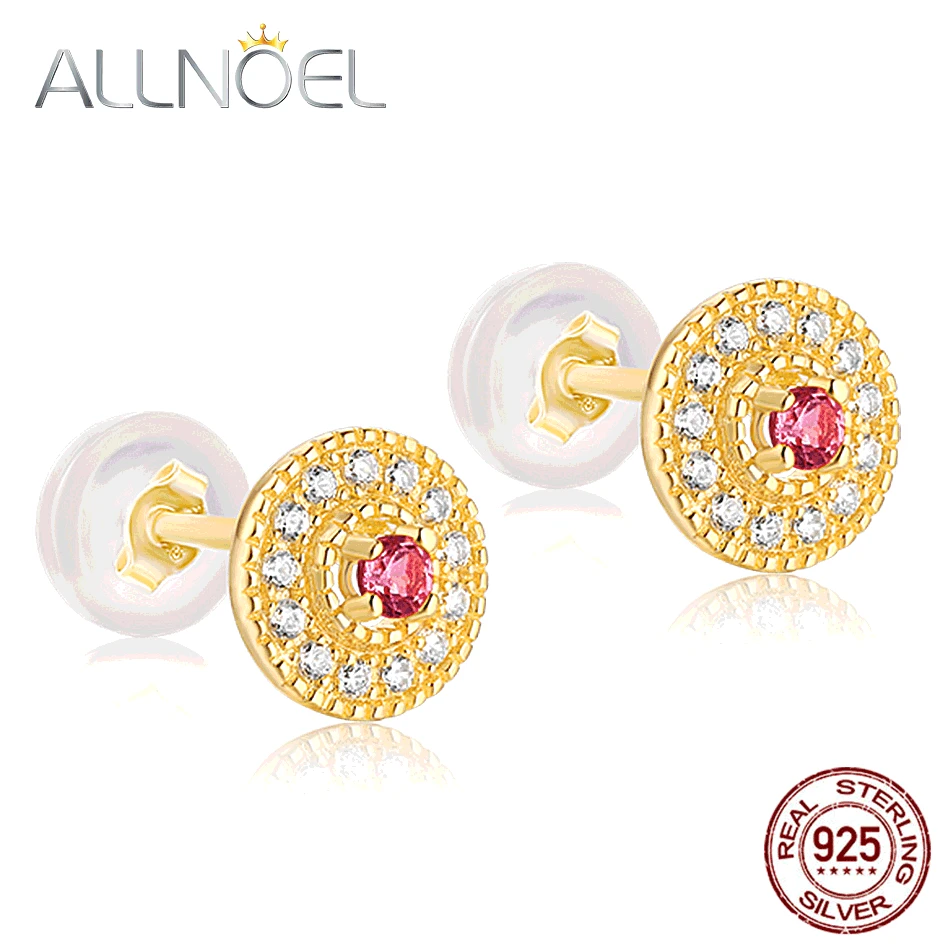 

ALLNOEL 925 Sterling Silver Earrings Women 100% Natural Pink Tourmaline & Emerald 2.2mm Genuine Golden Engagement High Jewelry