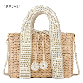 

Women rattan bag beach straw pearl totes bag weave natural basket shoulder messenger bag 2020 summer fashion