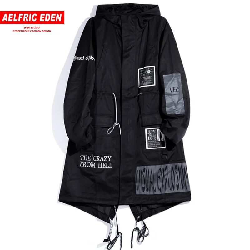 AELFRIC, длинный мужской Тренч,, модная готическая Черная ветровка с капюшоном, куртки в стиле хип-хоп, уличная одежда, пальто