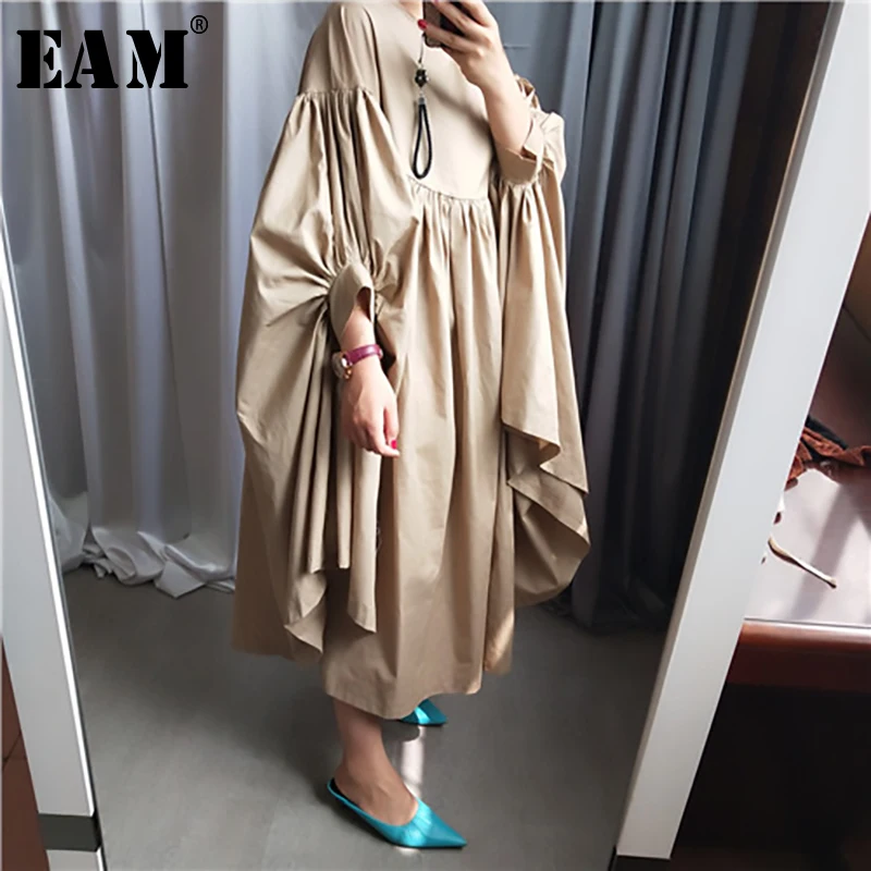 

[EAM] Women Oversize Pleated Big Hem Dress New Round Neck Three-quarter Sleeve Loose Fit Fashion Tide Spring Autumn 2019 1A456