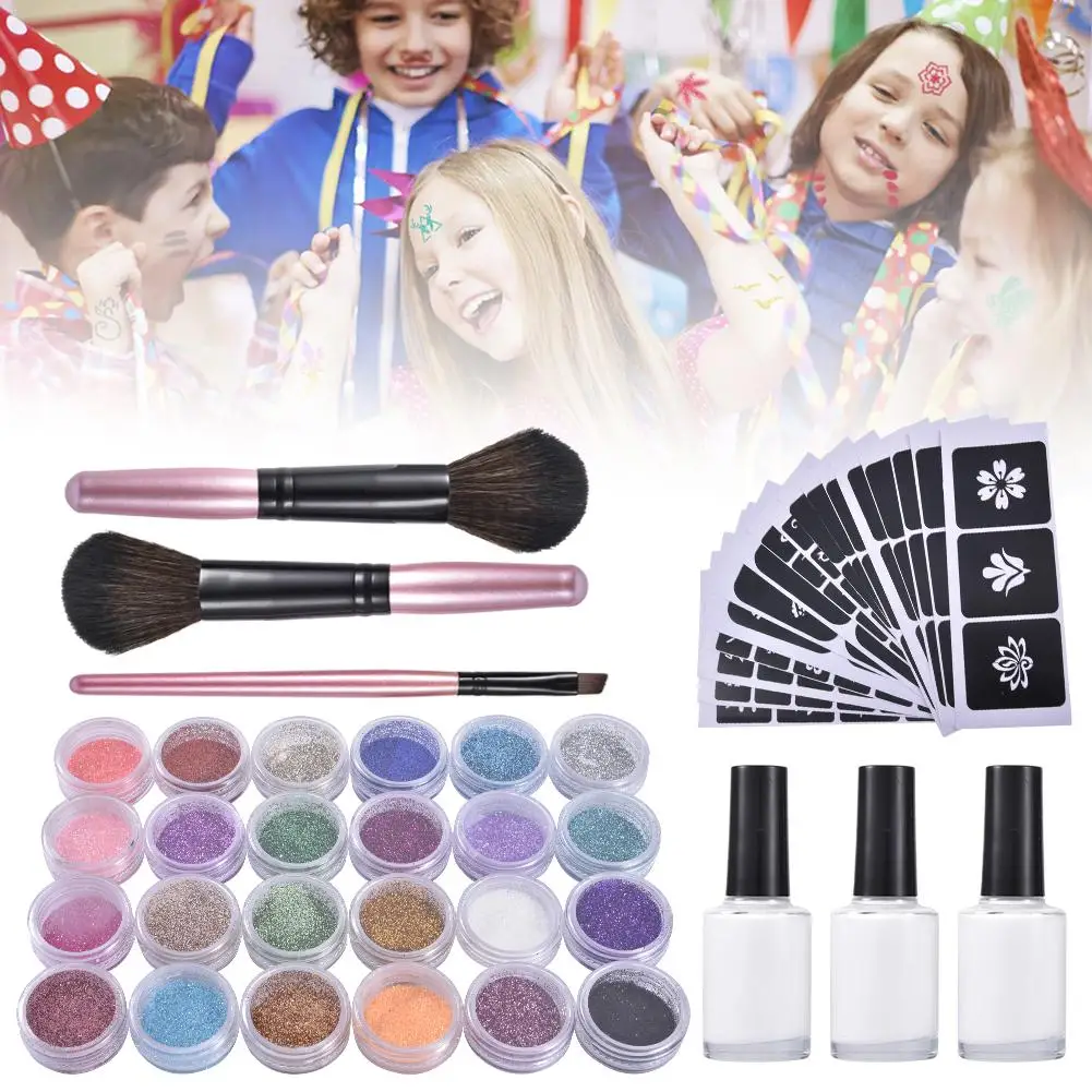 24Pcs Color 120 Templates Set Flash Diamond Glitter Flash Powder For Temporary Tattoo Set Kids Face Body Painting Art Tools Suit