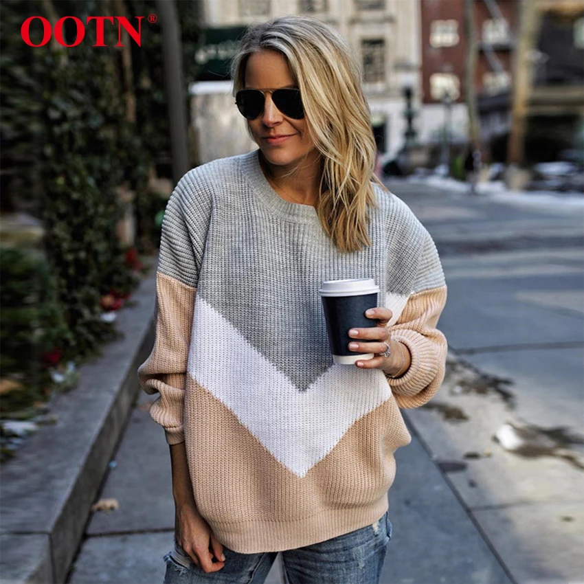 OOTN лоскутный вязаный женский пуловер Повседневный свитер с круглым вырезом и длинными рукавами женский осенне-зимний свободный джемпер осень уличная одежда