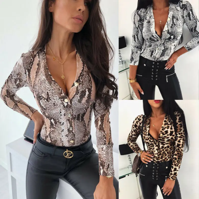 Women Long Sleeve Leopard Skin Prinetd Bodysuit Autumn Casual Jumpsuit Bodysuit Slim V Neck Leotard Tops Fashion Slim Bodysuit Women Long Sleeve Leopard Skin Prinetd Bodysuit Autumn Casual Jumpsuit Bodysuit Slim V Neck Leotard Tops Fashion Slim Bodysuit