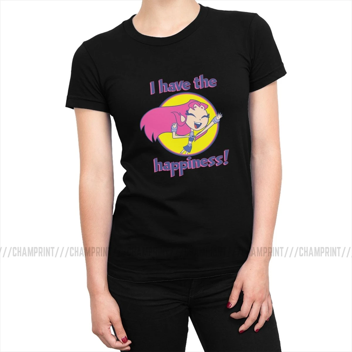 Teen Titans Go Starfire I Have The футболка с надписью Happiness женские футболки Kawaii футболки, топ, забавная Женская одежда с графикой - Цвет: Черный