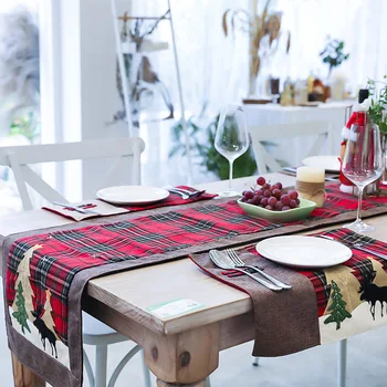 

Christmas Table Runners Red Plaid With Christmas Tree Elk ,Cotton Table Linens For Christmas Table Decorations 13.7x70.8 Inch