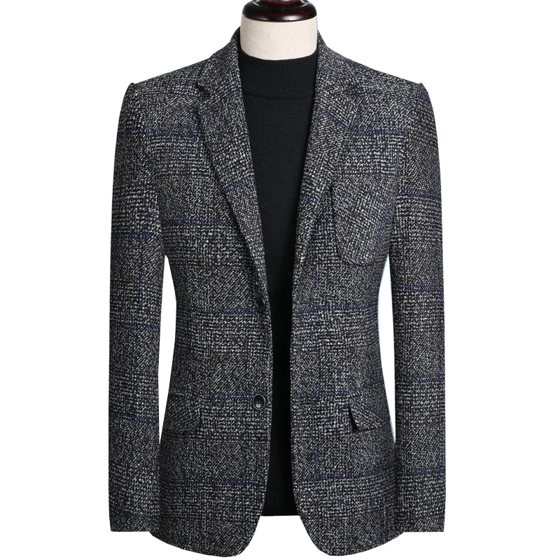 

MarKyi 2020 new brand mens dress blazers plaid good quality single breasted wool business blazer for men