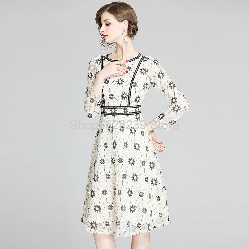 

Temperament Commute 2020 Pack Foreign Style Lace Printing Waist Temperament Slim Backing Dress