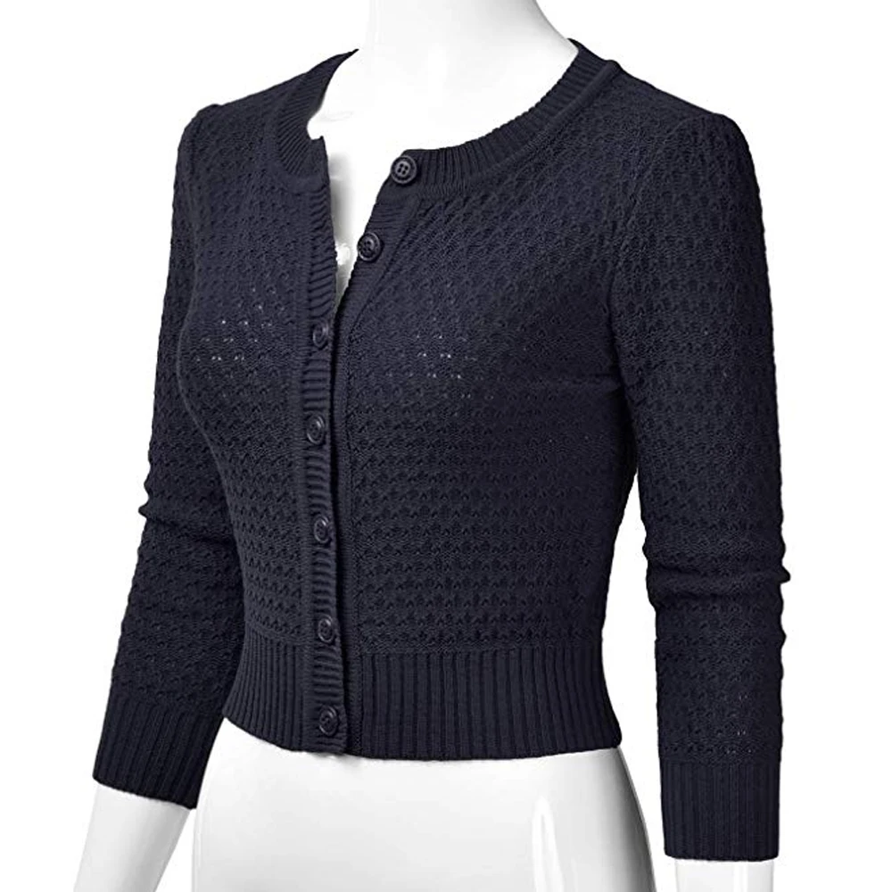 Litthing Ladies Knitted Crop Coat Women Fashion Solid Button Down 3/4 Sleeve Cropped Sweater Cardigan Casual Short Outwear