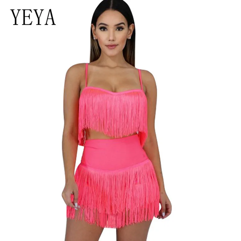 YEYA tassels комплект из двух предметов для женщин Спагетти ремень открытая спина укороченный топ Высокая талия черные шорты комбинезон сексуальный 2 шт. наряды Комбинезоны