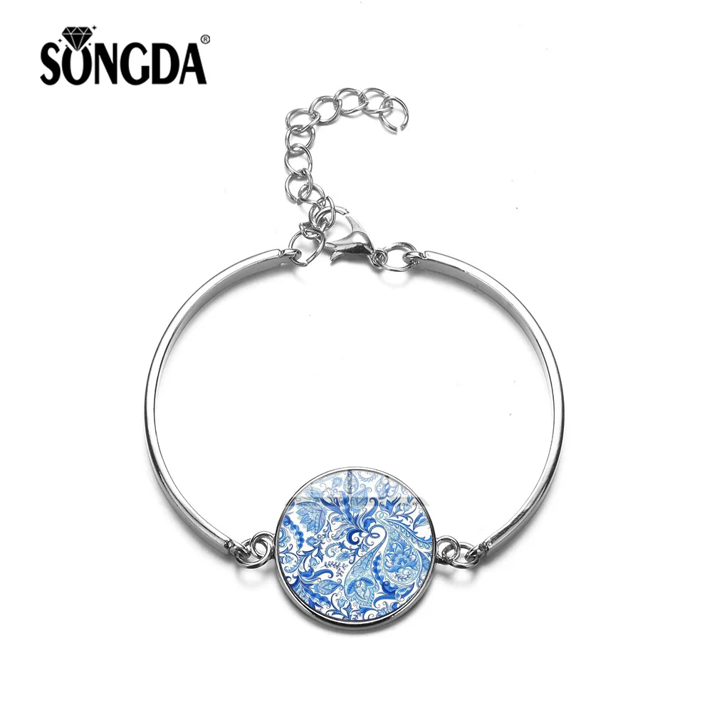 

SONGDA Brand Silver Metal Bracelets Indian Henna Yoga Jewelry Om Symbol Buddhism Glass Cabochon Bracelet Bangles Women Men Gifts