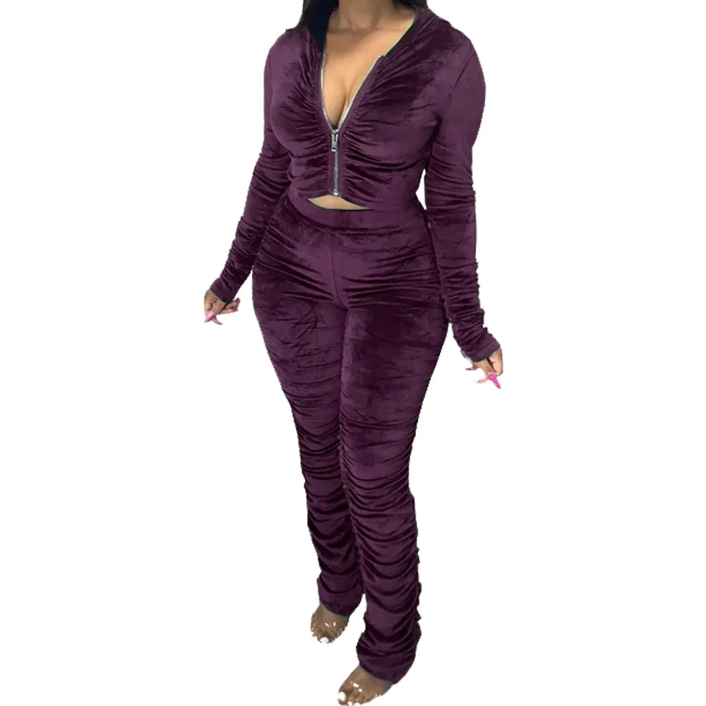 

Lounge wear Velvet Tracksuit Women Festival Clothes Ruched Long Sleeve Hoodie Crop Top + Stacked Leggings Two Piece Set Outfits