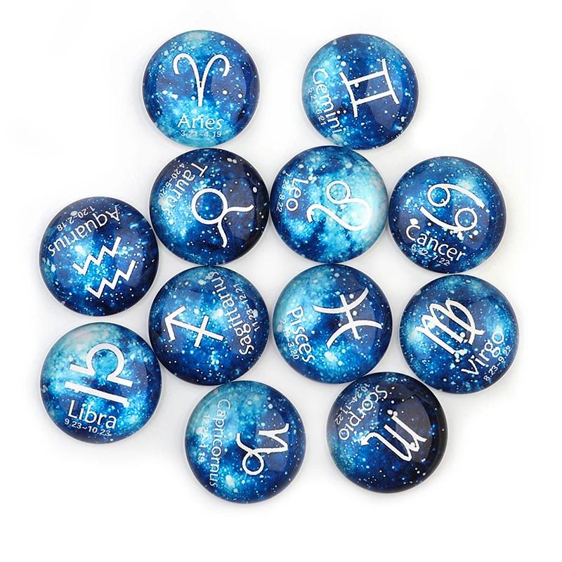 10/20pcs Blue 12 Constellation Astrology Pattern 10/12/14/18/20/25mm Round Flatback Glass Cabochon Spacer For DIY Jewelry Making