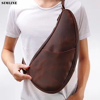 

New Vintage Genuine Leather Chest Bag Men Crazy Horse Cowhide Kettle Design Travel Shoulder Bag Crossbody Bags Handbags For Male