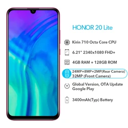 Смартфон Honor 20 Lite, 4 + 128 ГБ, фронтальная камера 32 МП, 6,21 дюйма, FHD +