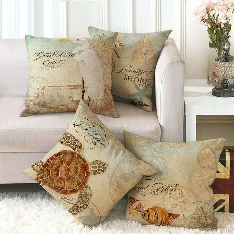 

Retro Ocean Series Turtle Shell Linen Pillow Case Sofa Bedroom Warm And Comfortable Without Pillow Core 45cmx45cm