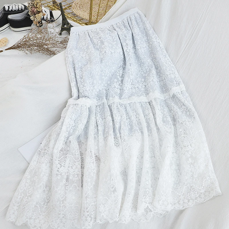 Faldas mujer moda длинные кружевные юбки mori для девочек на весну и зиму в японском стиле, милая длинная кружевная однотонная трапециевидная юбка