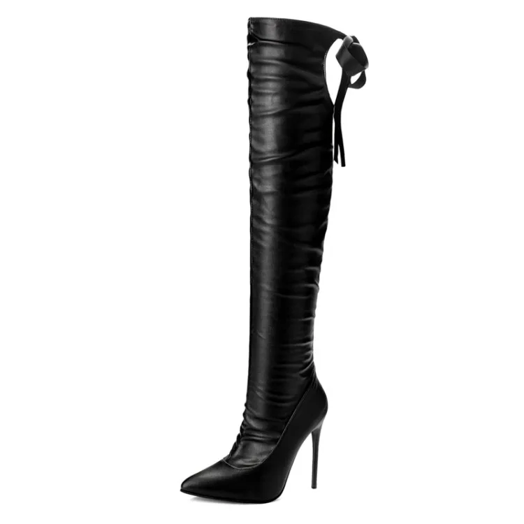 Женские сапоги новые осенние и зимние модные женские сапоги выше колена на высоком каблуке, с острым носком, на шнуровке, большие размеры 34-48, высота 12 см - Цвет: 1